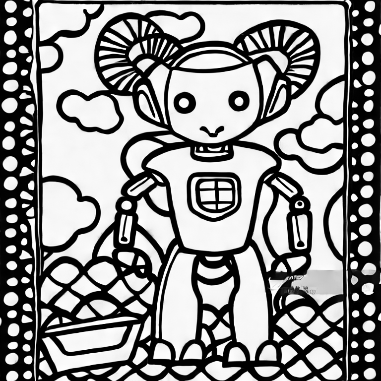 Coloring page of a robot with a sheep