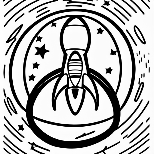 Coloring page of a rocket in space with a planet on the background