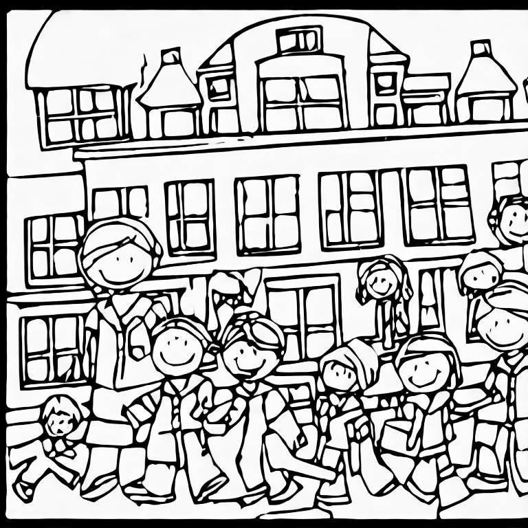 Coloring page of a school with children