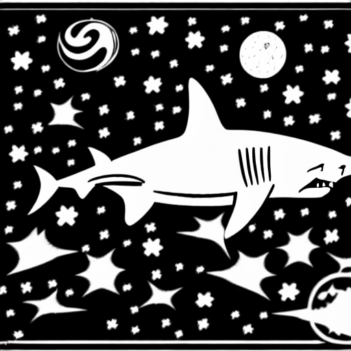 Coloring page of a shark flying through outer space
