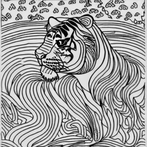 Coloring page of a tiger in a thunderstorm