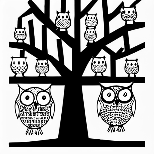 Coloring page of a tree full of owls