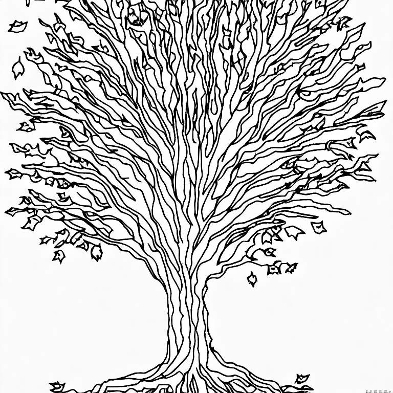 Coloring page of a tree with fall leaves on the ground