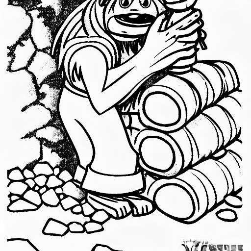 Coloring page of a troll guarding a stone pile