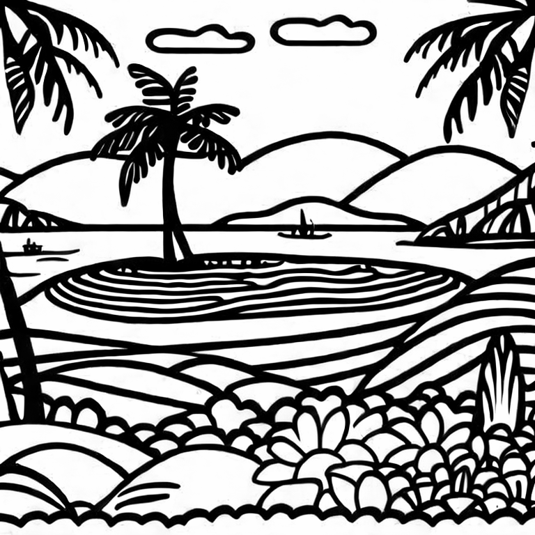 Coloring page of a tropical island for kids