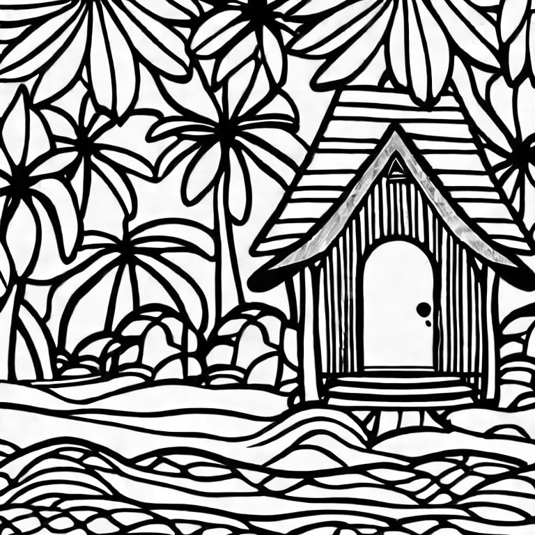 Coloring page of a tropical island house
