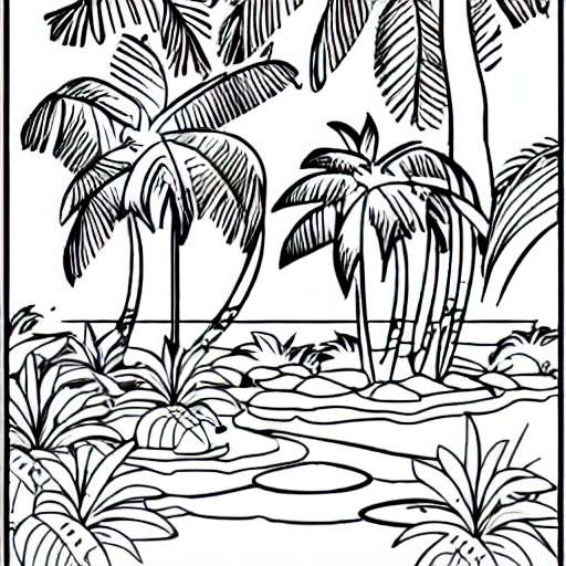 Coloring page of a tropical island with lots of animals