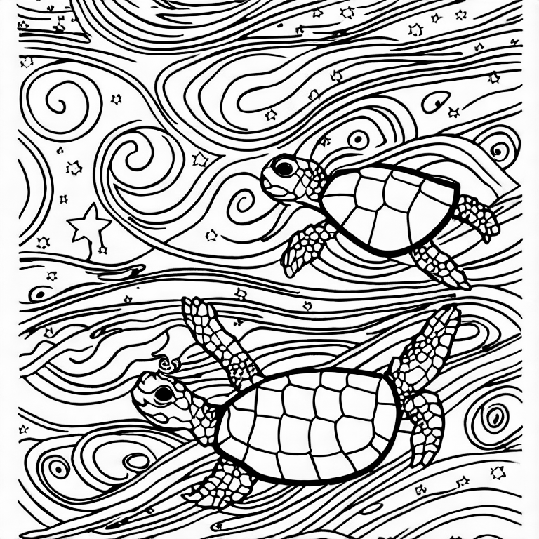 Coloring page of a turtle swims in the deep space between stars