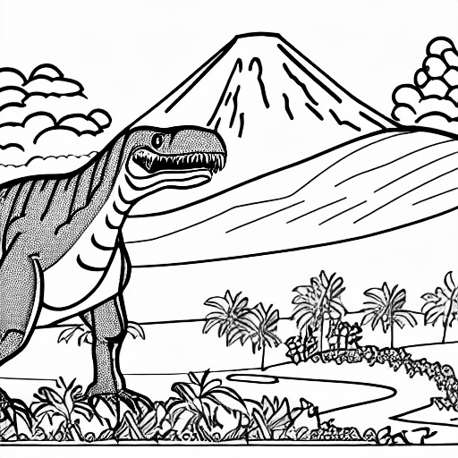 Coloring page of a tyrannosaurus rex in front of a volcano