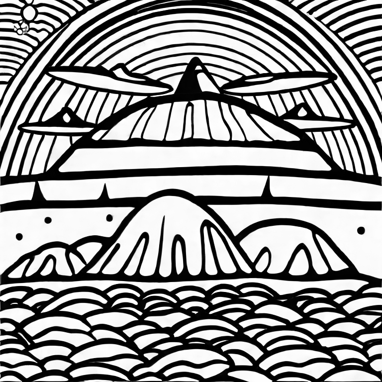 Coloring page of a ufo and mountain