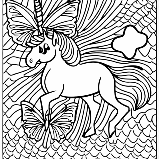 Coloring page of a unicorn farting butterflies