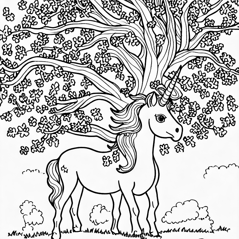 Coloring page of a unicorn under a tree
