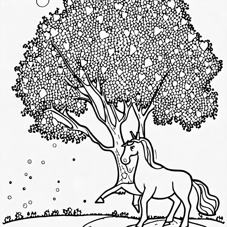 Coloring page of a unicorn under a tree