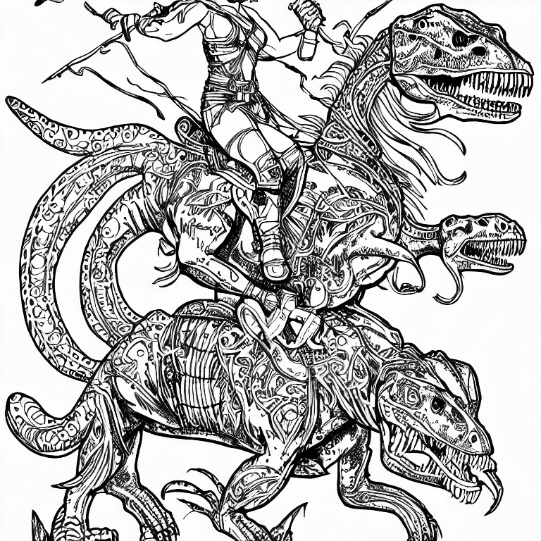 Coloring page of a warrior woman riding a t rex