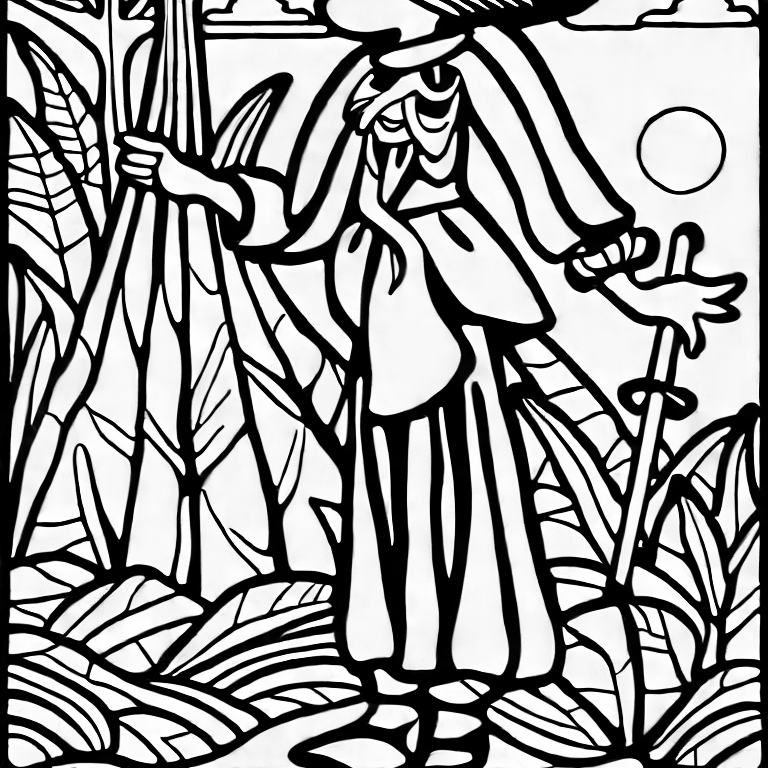 Coloring page of a witch on a broomstick