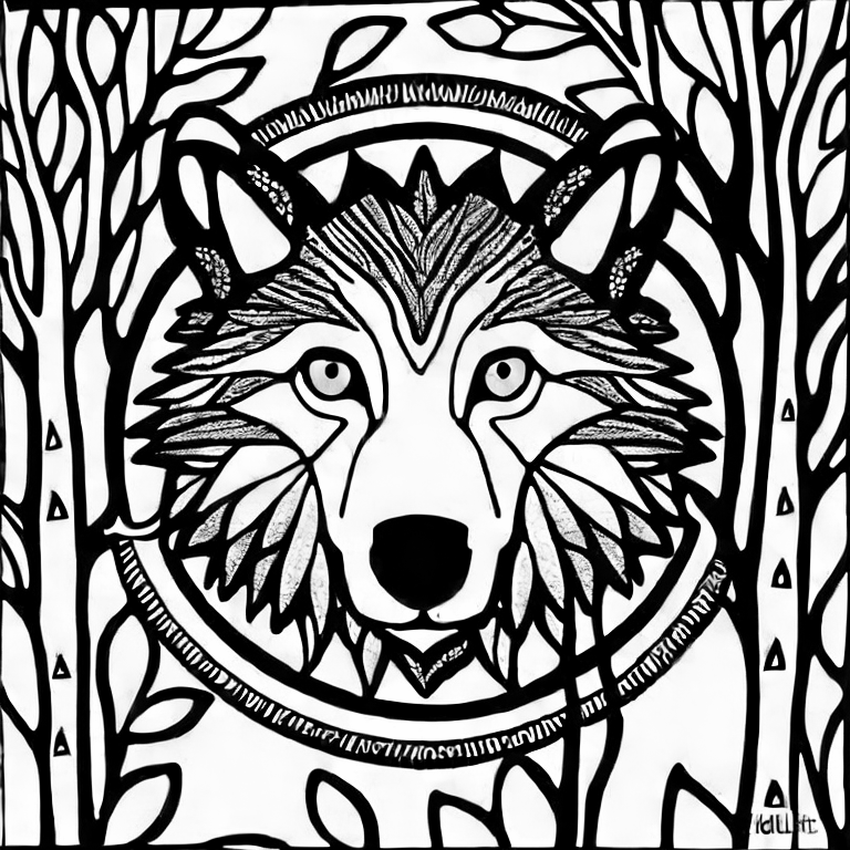 Coloring page of a wolf in the woods