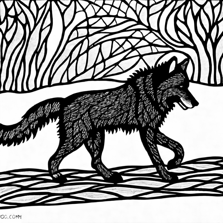 Coloring page of a wolf on the road