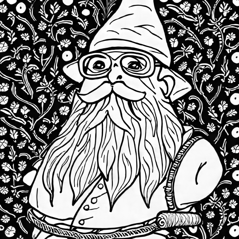 Coloring page of a young adult gnome about 1 foot tall with a pointy red hat long beard and crooked little wire glasses he wears tunic and pantd