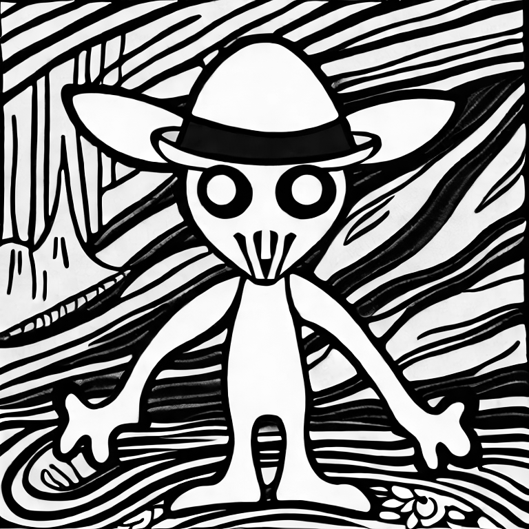 Coloring page of alien wearing a cowboy hat giving you the peace sign