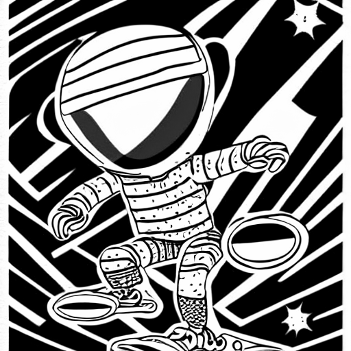 Coloring page of an alien skateboarding
