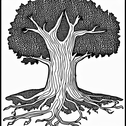 Coloring page of an impressive oaktree on lush hills