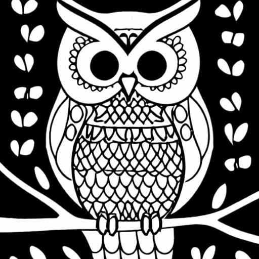 Coloring page of an owl sitting on a branch