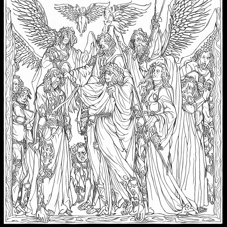 Coloring page of angels and demons