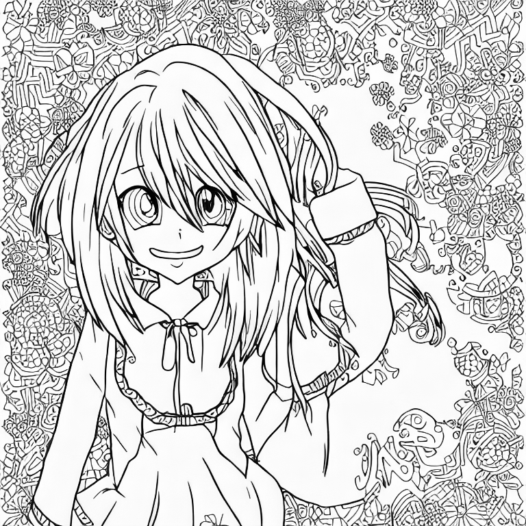Coloring page of anime girl smiling