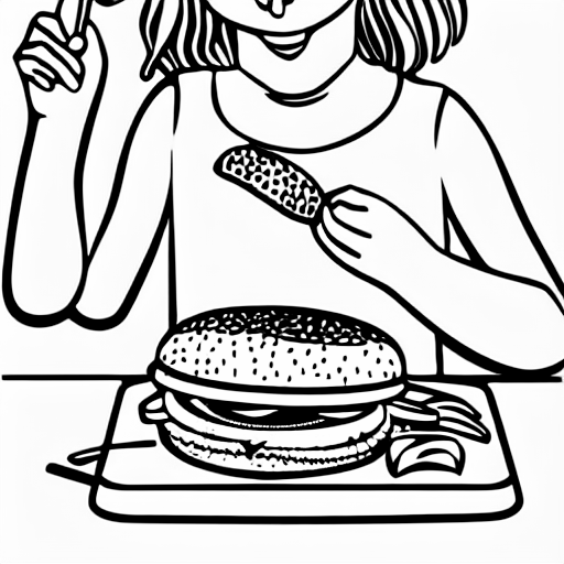 Coloring page of anni eating vegan burgers at night