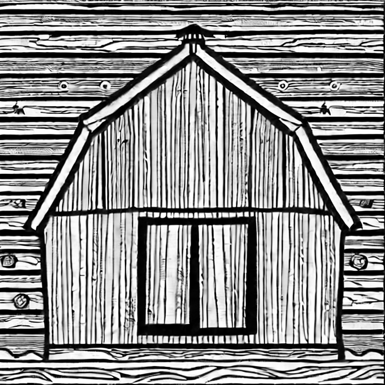 Coloring page of barn front with gambrel roof black and white childlike cartoon