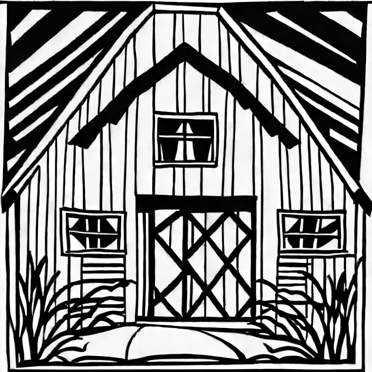 Coloring page of barn front with gambrel roof black and white childlike cartoon and no background
