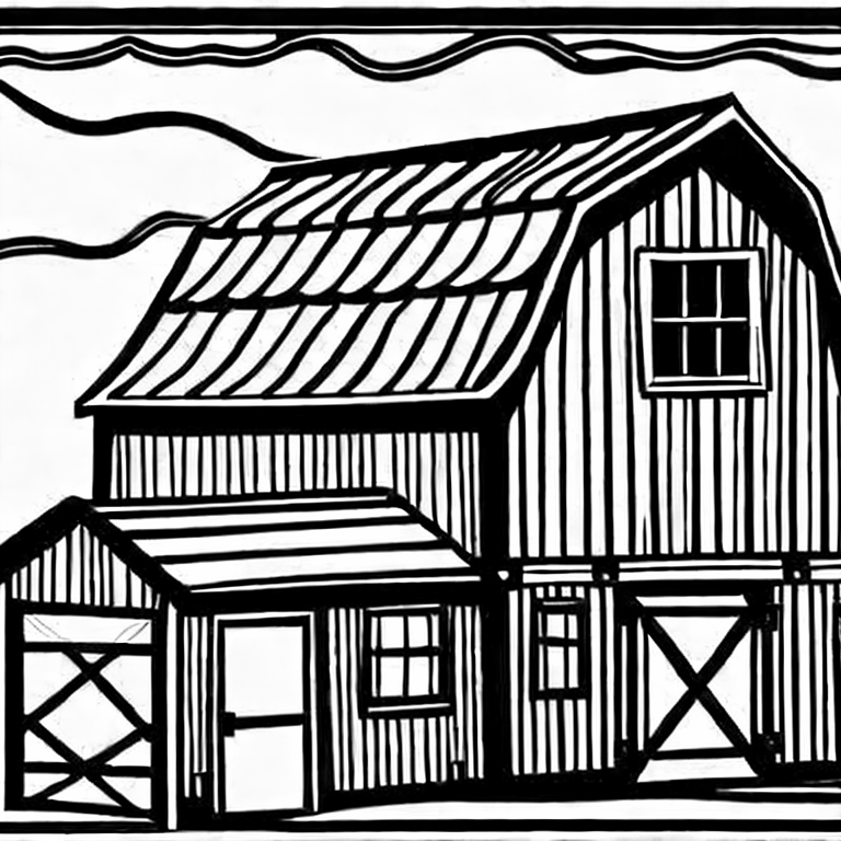 Coloring page of barn front with gambrel roof black and white childlike cartoon and no background no detail