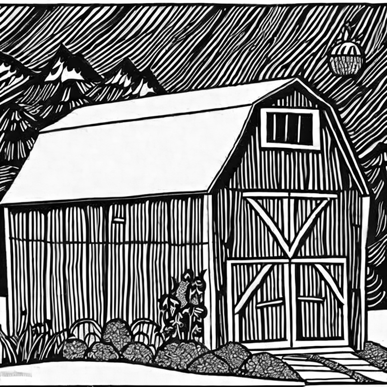 Coloring page of barn front with gambrel roof black and white childlike cartoon and no background no detail