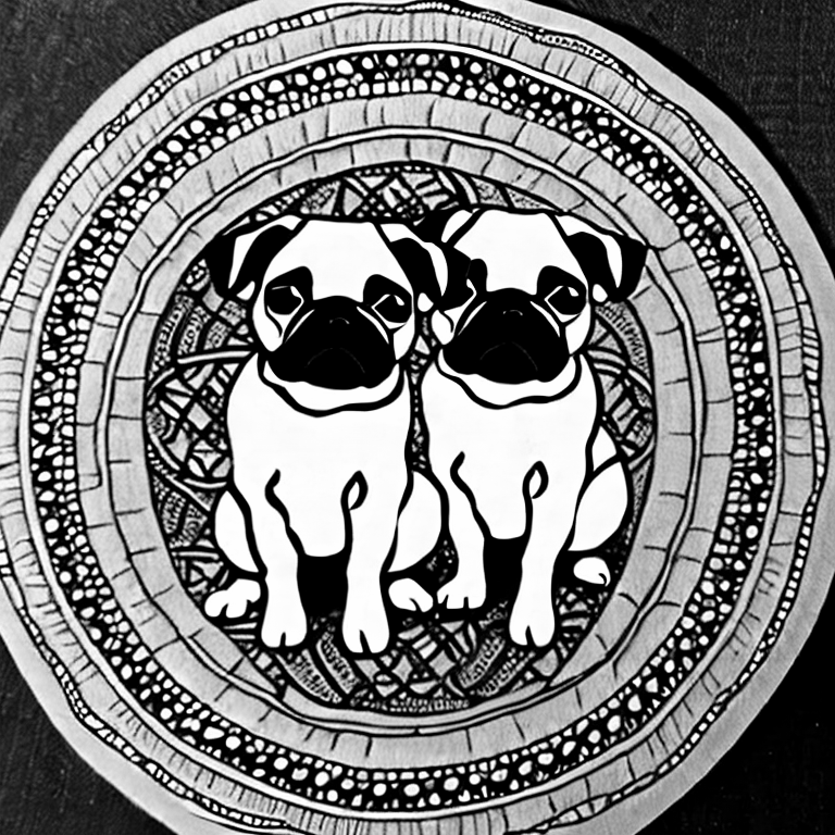 Coloring page of basket of 2 pug puppies and mandalas