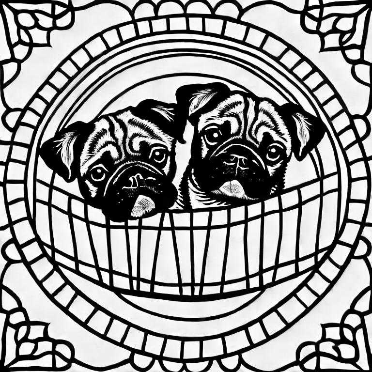 Coloring page of basket of 2 pug puppies with lined mandala pattern