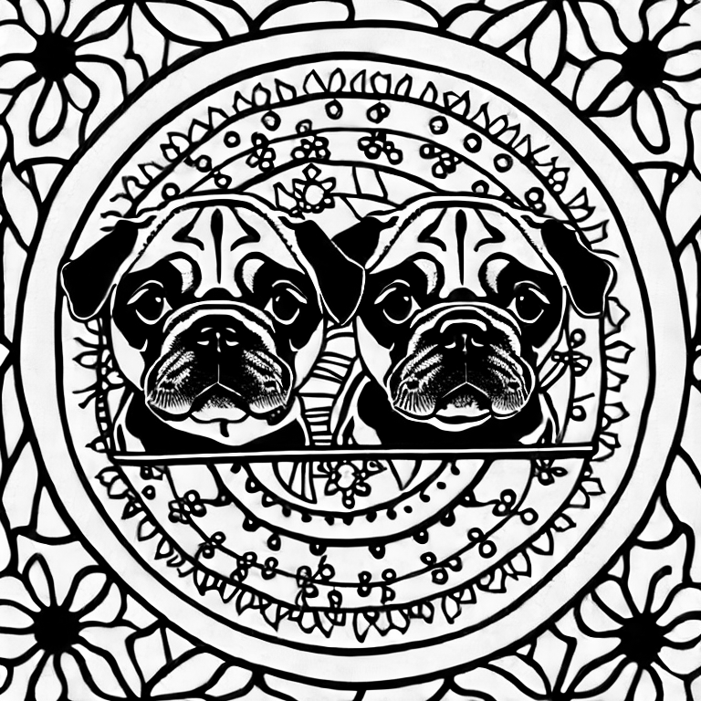 Coloring page of basket of 2 pug puppies with lined mandala pattern