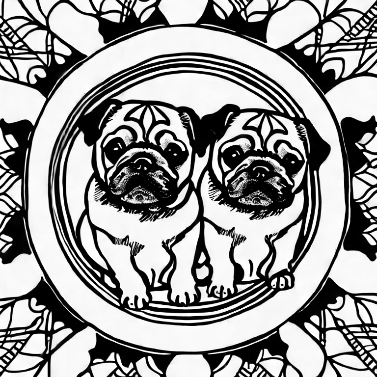 Coloring page of basket of 2 pug puppies with mandala pattern
