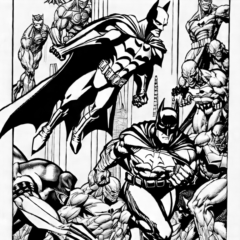 Coloring page of batman fighting with villians
