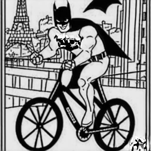 Coloring page of batman riding a cycle in paris