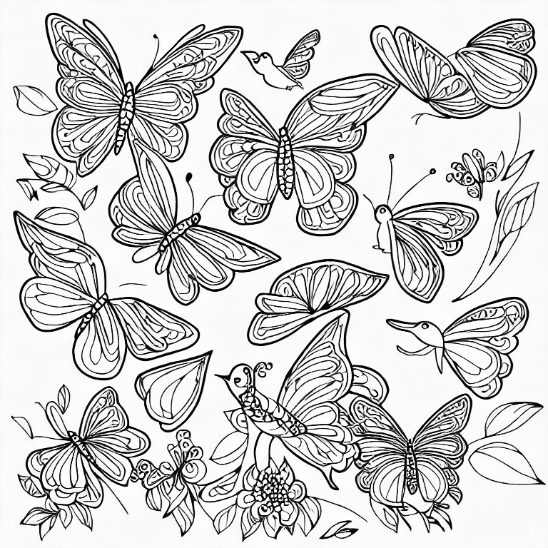 Coloring page of bird and butterfly