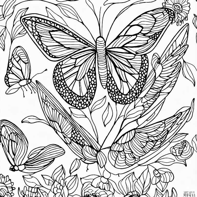 Coloring page of bird and butterfly