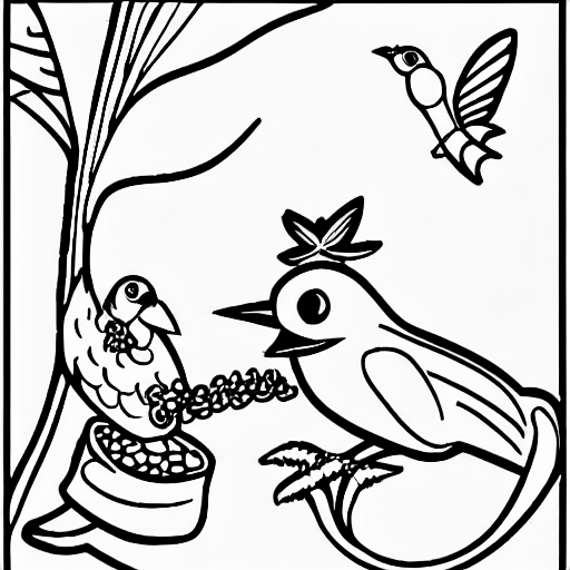 Coloring page of bird feeding a worm to another bird