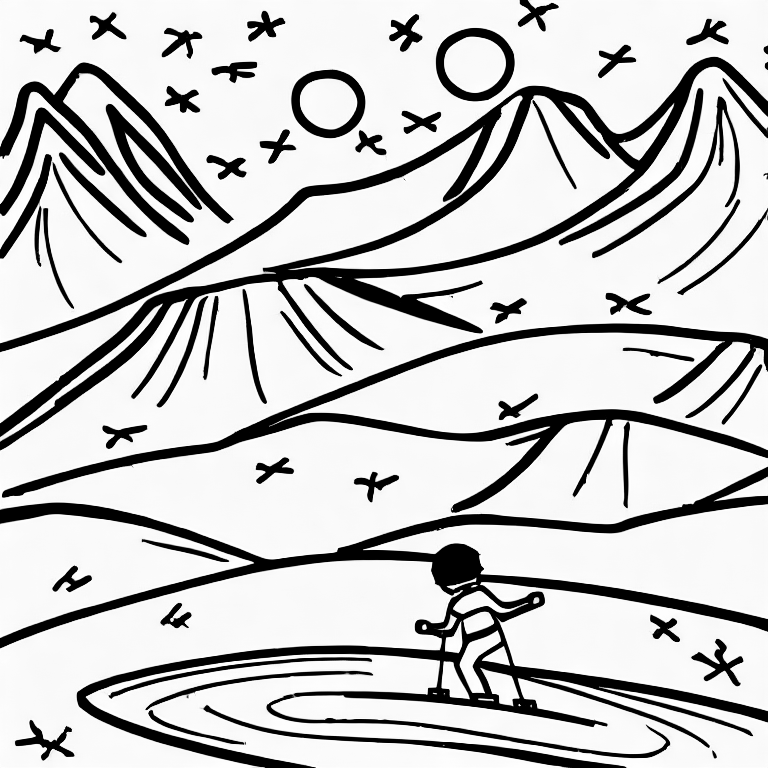 Coloring page of boy skiing in the mountains on a sunny day