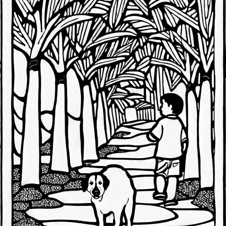 Coloring page of boy walking with a saint bernard dog in florida