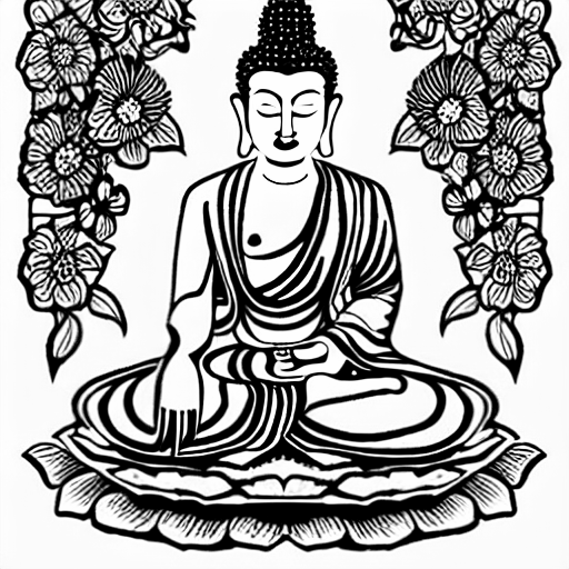 Coloring page of buddha on a mountain with flowers