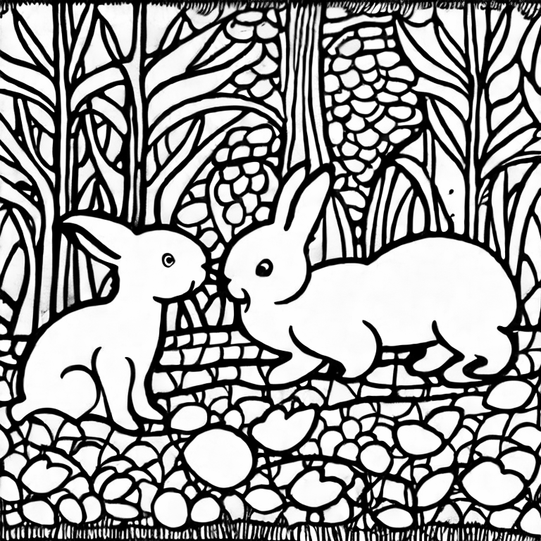Coloring page of bunnies in a park