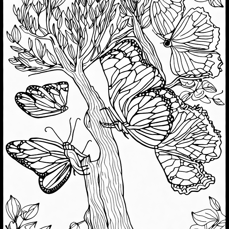 Coloring page of butterfly on tree branch
