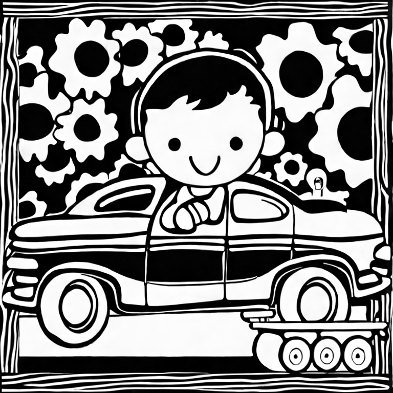 Coloring page of car and boy