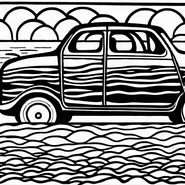 Coloring page of car in sea