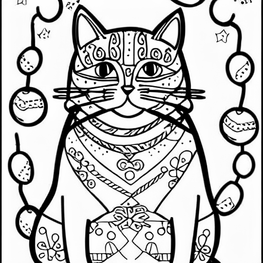 Coloring page of cat christmas card